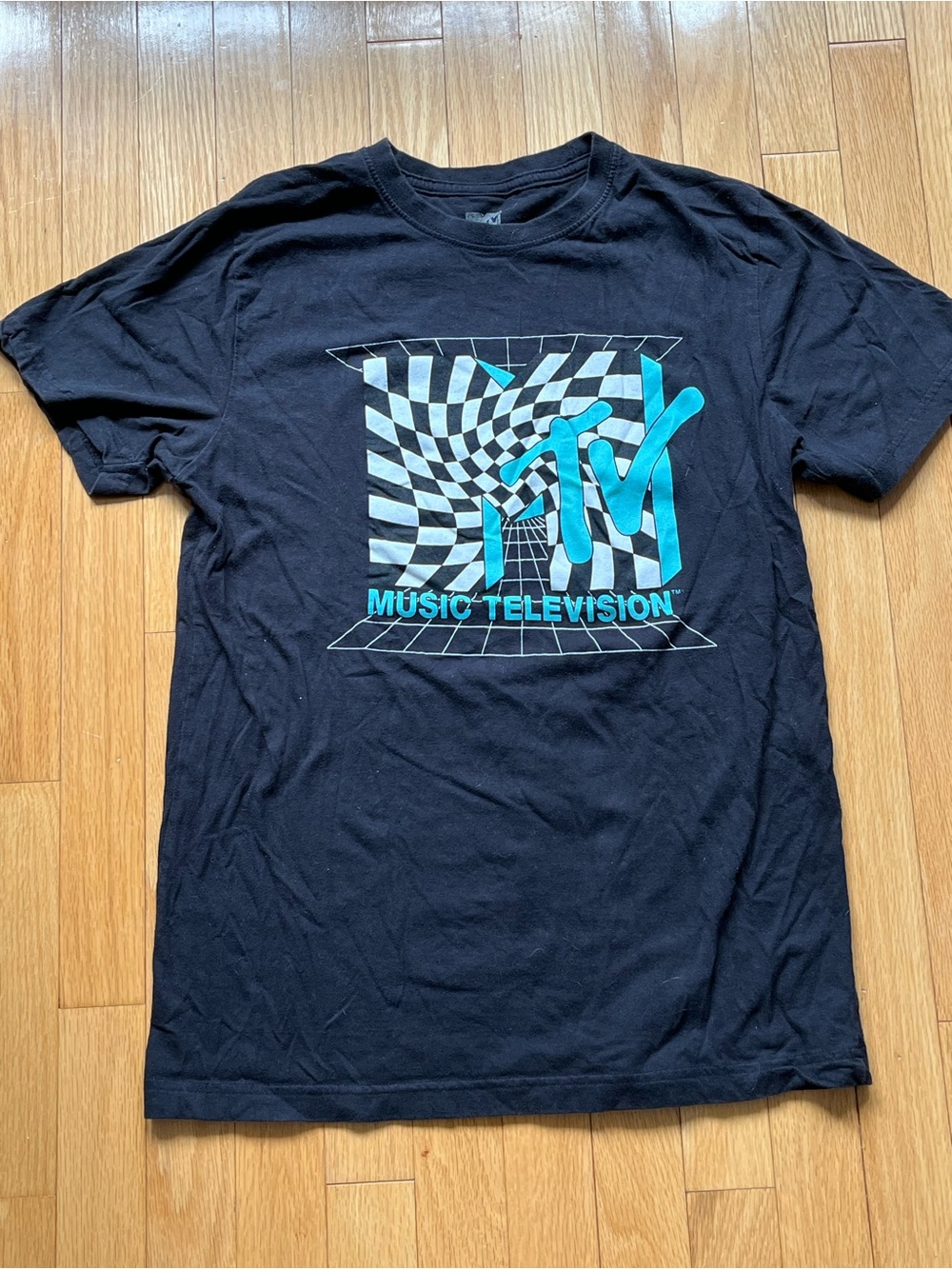 MTV Black Tee with Teal and White Checkerboard Logo